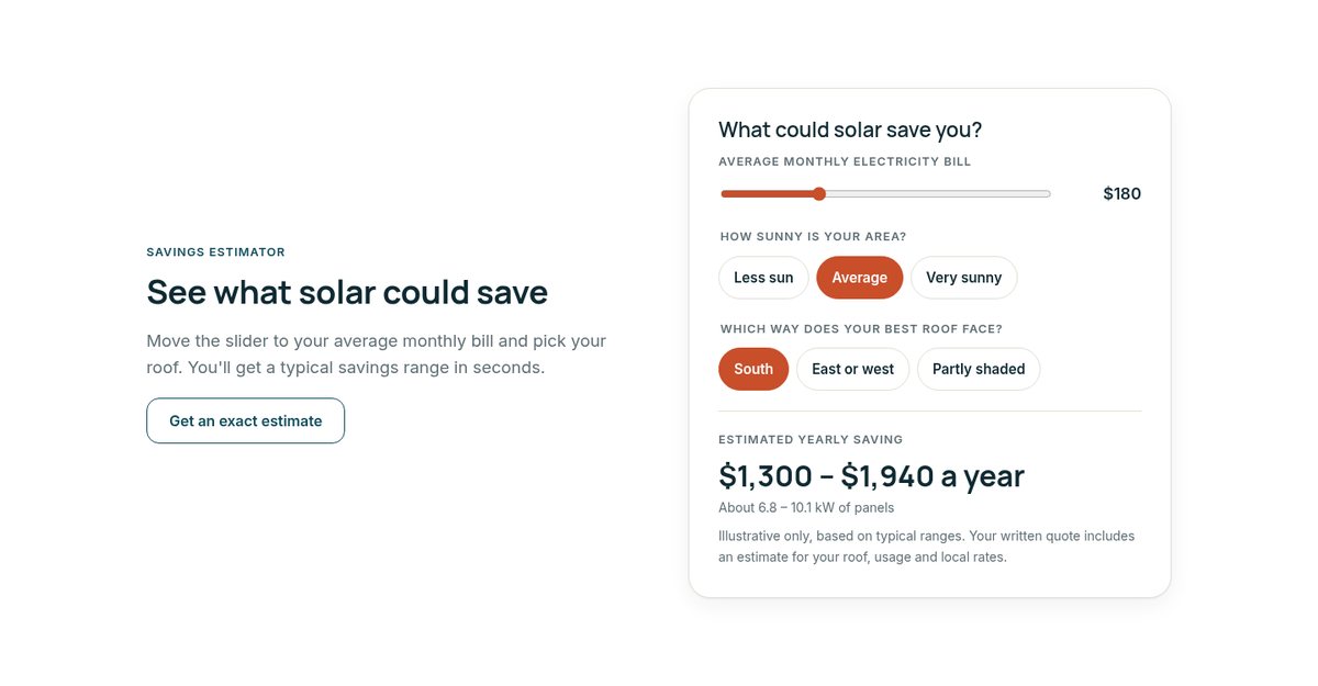 Solar savings estimator with a bill slider and sun and roof options