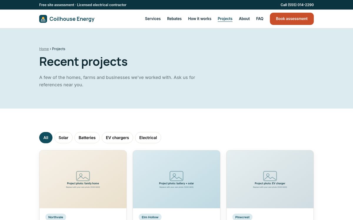 Projects page with filter buttons and project cards