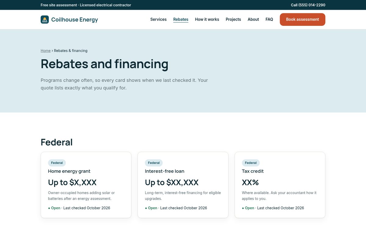 Rebates and financing page with program cards